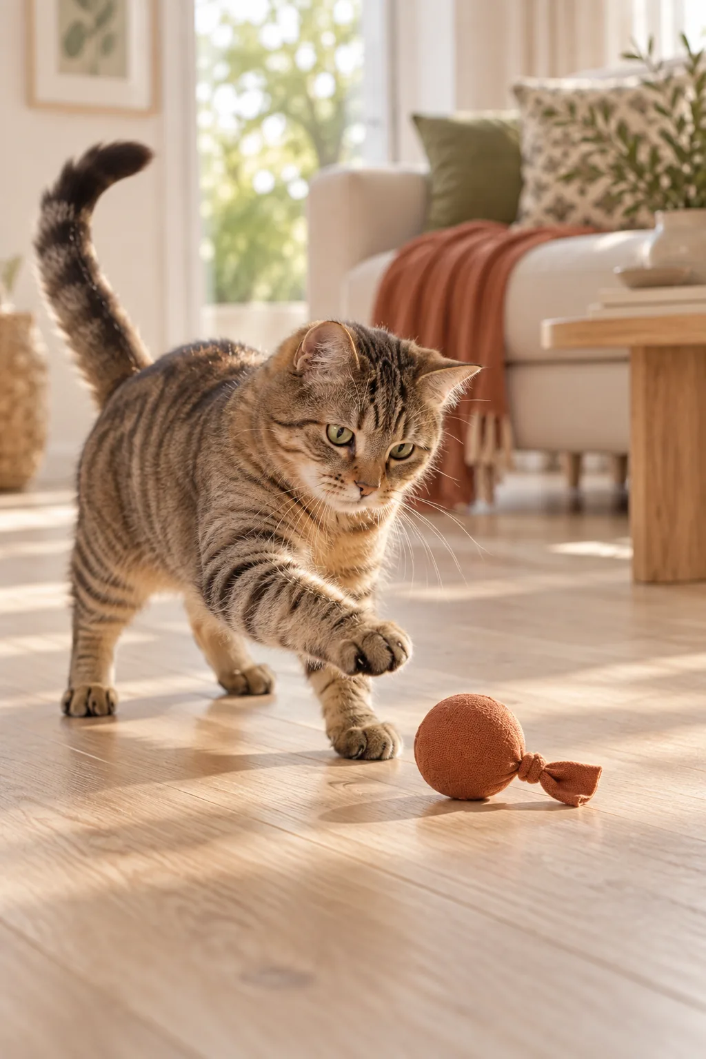 Un chat tigré joue avec une balle en tissu