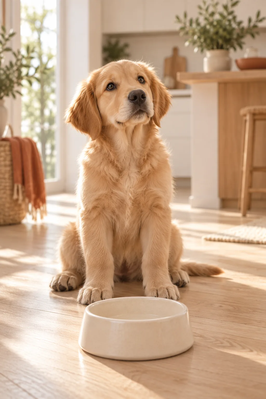 Un chiot devant sa gamelle dans une cuisine lumineuse